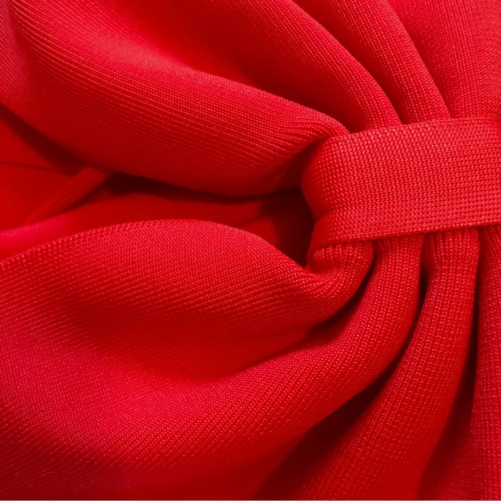 One Shoulder RED Midi Sheath Dress Bow Detail Sleeveless Back Slit Size S - Picture 3 of 6